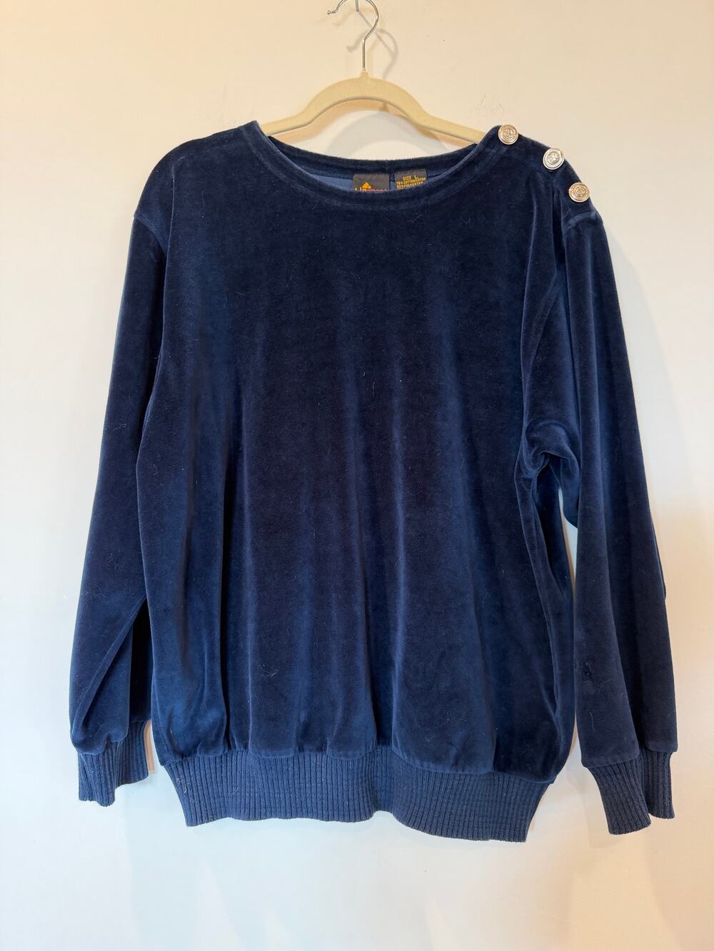 Vtg 90s Liz Claiborne velour velvet sweatshirt Large navy blue button shoulder